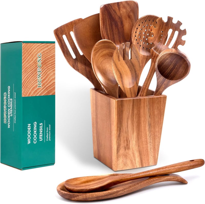 HOWHONG Wooden Spoons for Cooking, Premium Acacia Wood Kitchen Utensil Set, Handmade Wooden Utensils for Nonstick Cookware, Heat Resistant, Smooth Finish, Comfortable Grip, with Holder, Gift Ready - Image 1